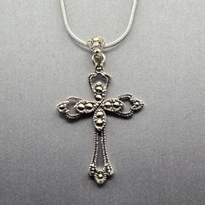 VTG Sterling Silver Marcasite Filigree Cross Pendant Necklace 20" Signed FAS