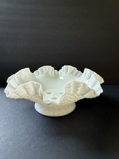Fenton Hobnail White Milk Glass Double Crimped Ruffled Vase Vintage Pedestal