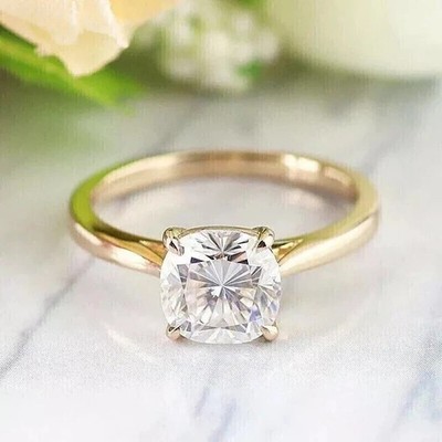 2CT Cushion-Cut VVS1 Moissanite Solitaire Engagement Ring 14K Yellow Gold Plated