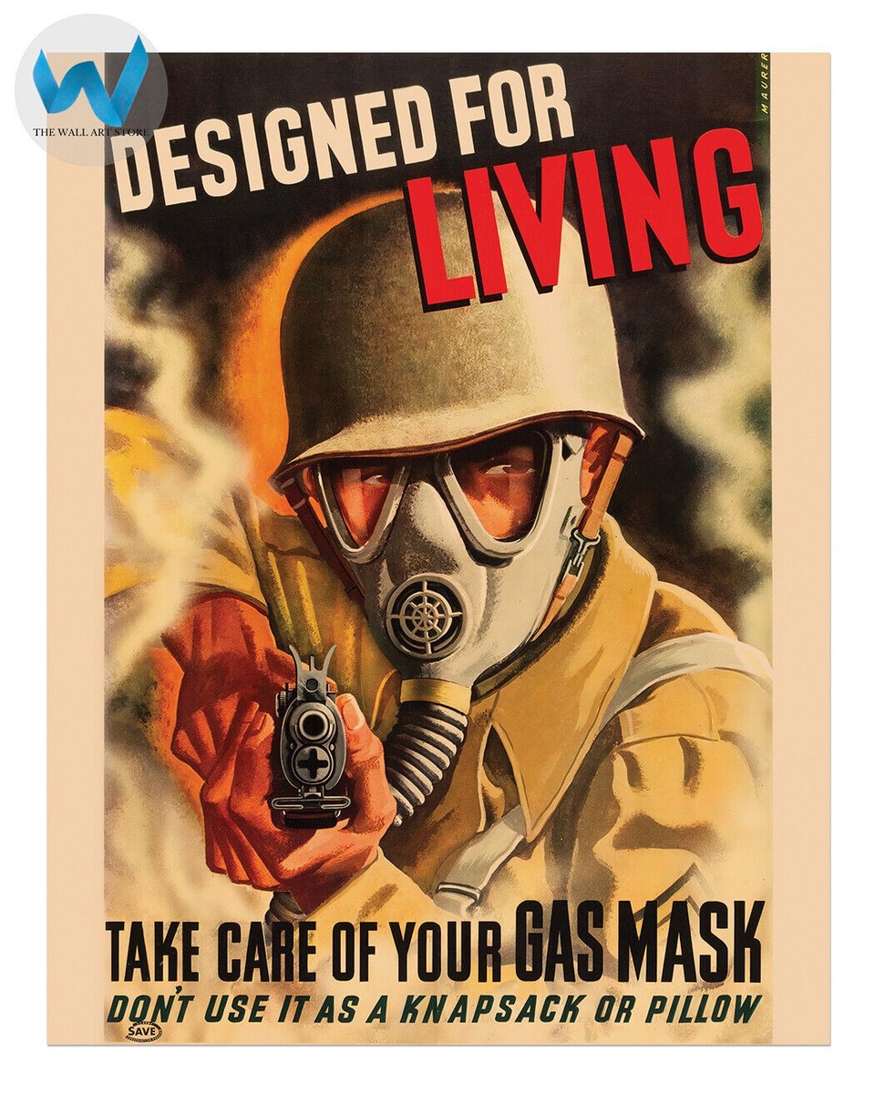 WWII 'Designed for Living' Gas Mask Safety Art Poster - 12X16