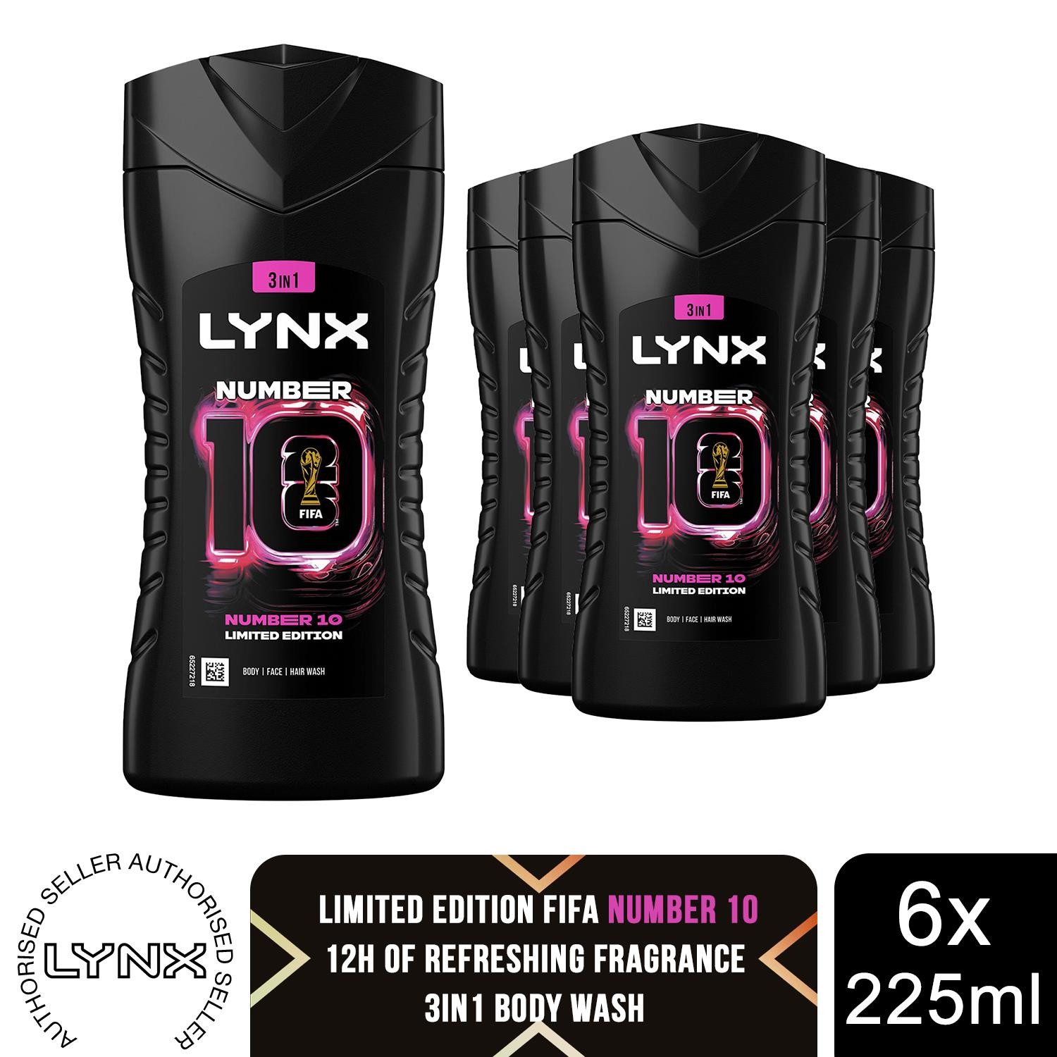 Lynx FIFA Number 10 Shower Gel 3 in 1 Body Hair Face Wash 225ml 6 Pack
