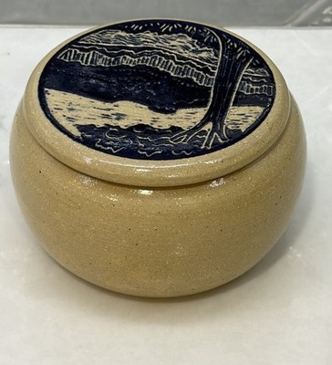 Sylvia Lawson NC Pottery Blue Sgrafitto  Bowl w Lid Trinket Pilot Mountain 1999