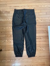 Womens faux leather pleather pants black pockets jogger baggy emo grunge NEW