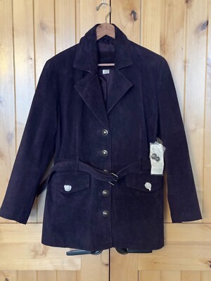 NWT Jacqueline Ferrar Vintage Purple Suede Leather Belted Trench-Style Jacket L