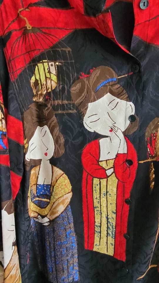 Impresionante Blusa Camisa Vintage Diseño Chicos 100% Seda Asiática Mujer Geisha Talla 0 Foto 2 de 4