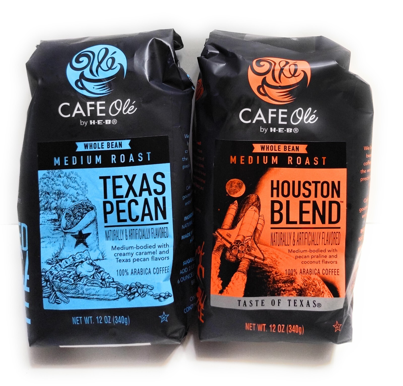 HEB TEXAS PECAN+HOUSTON Coffee Variety Whole Bean Cafe Ole 12Oz 2 Pack