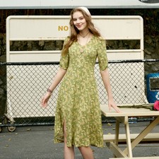 Real Silk Dress Retro Floral Printed Temperament Womens V-neck Single Breasted