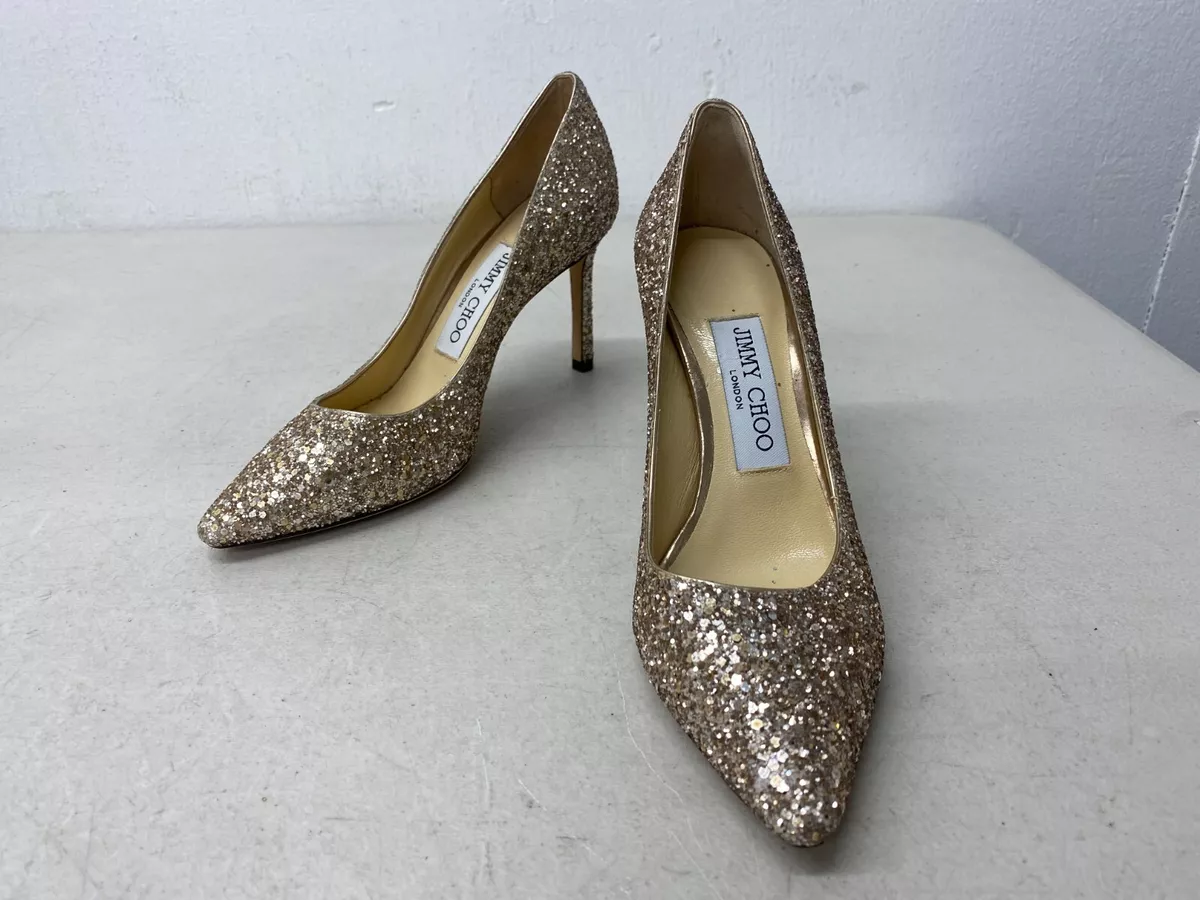 Jimmy Choo Romy 85 Champagne Coarse Glitter Pumps - Size 34.5 USED