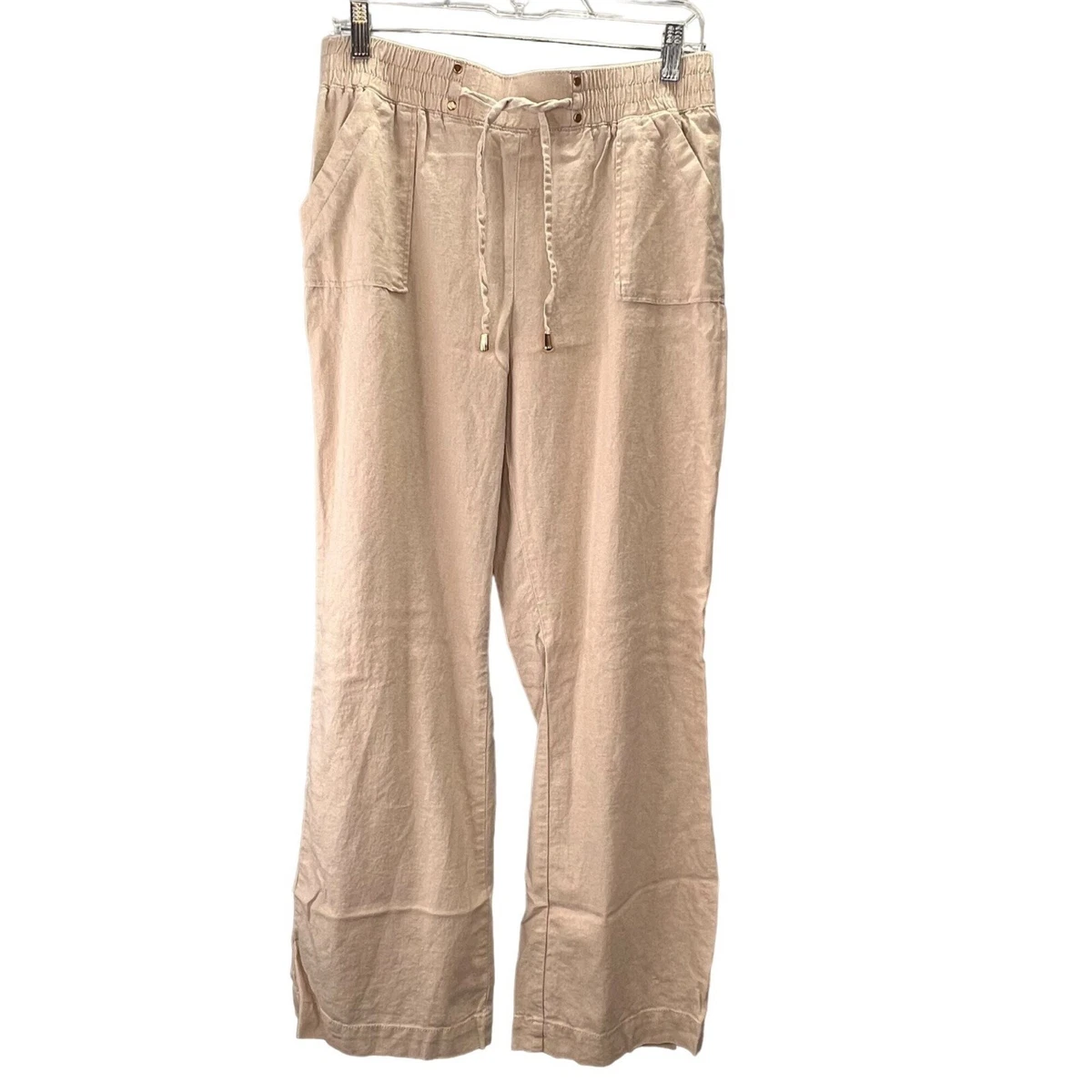 Ci Sono Linen Pants size L Women Wide Leg Loose Elastic Waist Beige Tan