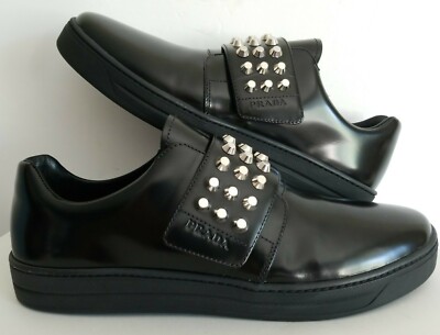PRADA ICONIC BLACK LOGO SHINY LEATHER SILVER STUDS SNEAKERS EU 41