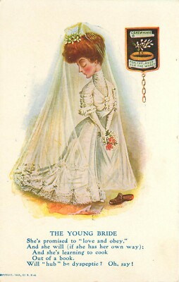 c1905 Postcard; The Young Bride, Promised to Love & Obey, Learning to Cook