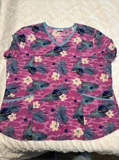 Jurassic World Dominion Women's Sz 2XL Scrub Top Pink Purple Green T Rex Floral
