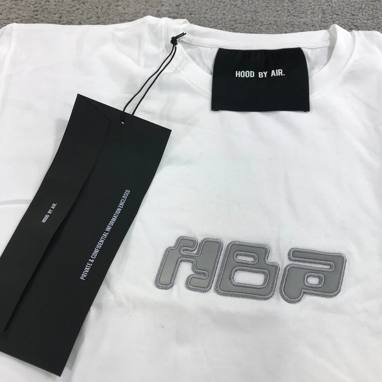 HBA (HOOD BY AIR) HBA Shirt Uomo Medium Spell Out Hood By Air Tee Bianco Grigio Streetwear n54645