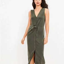 Lou & Grey Sandwashed Tie Front Midi OLIVE Dress Size XL