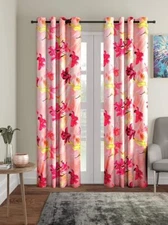 2 Pieces Pink 3D Flower Eyelet Polyester Window Curtains 5 7 9 Feet