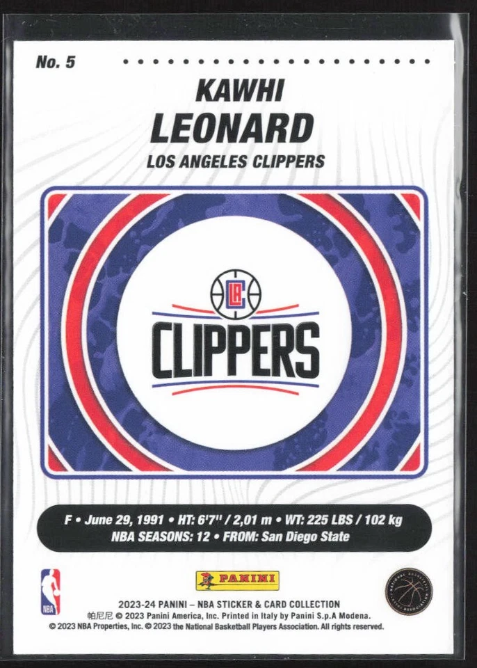 2023-24 Panini NBA Sticker & Card Collection Kawhi Leonard #5 Red /125 Clippers - Image 2 of 3