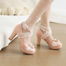 Women's Round Toe Lolita Shoes Bow High Heels Princess Lace Lolita Party Shoes