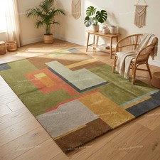Olive Wool Area Rug Hand Tufted Geometric Abstract Handmade Modern Rug 8x10