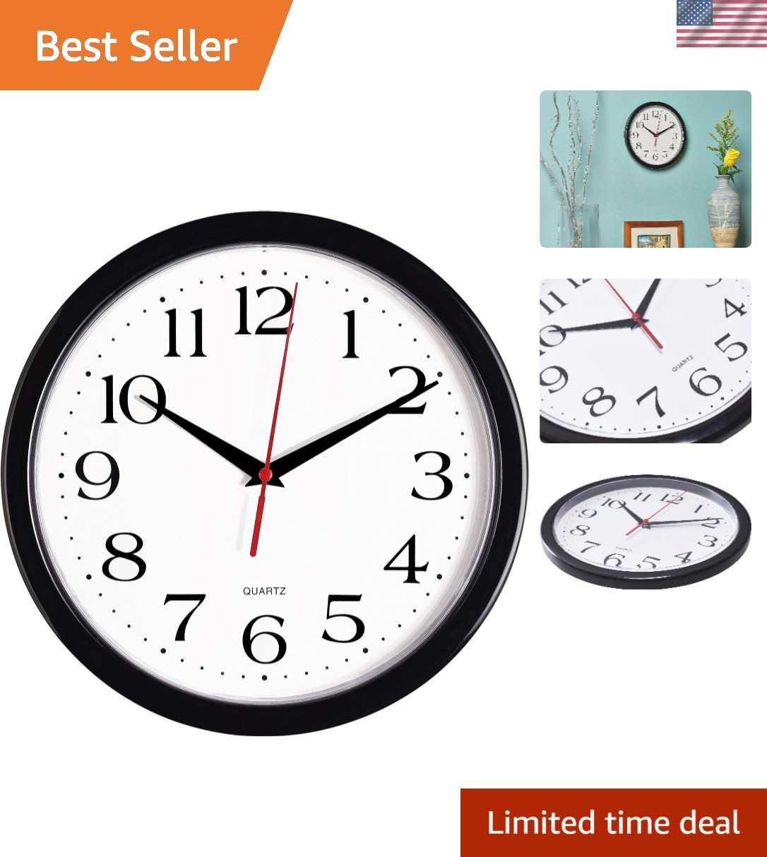 Black Wall Clock Silent Non Ticking 10 Inch Quality Quartz Battery Operated R...