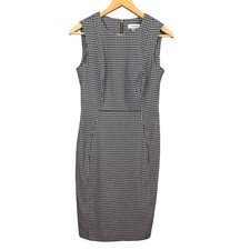 Calvin Klein Sheath Dress Stretch Gold Zipper Black White Geometric Office SZ 6