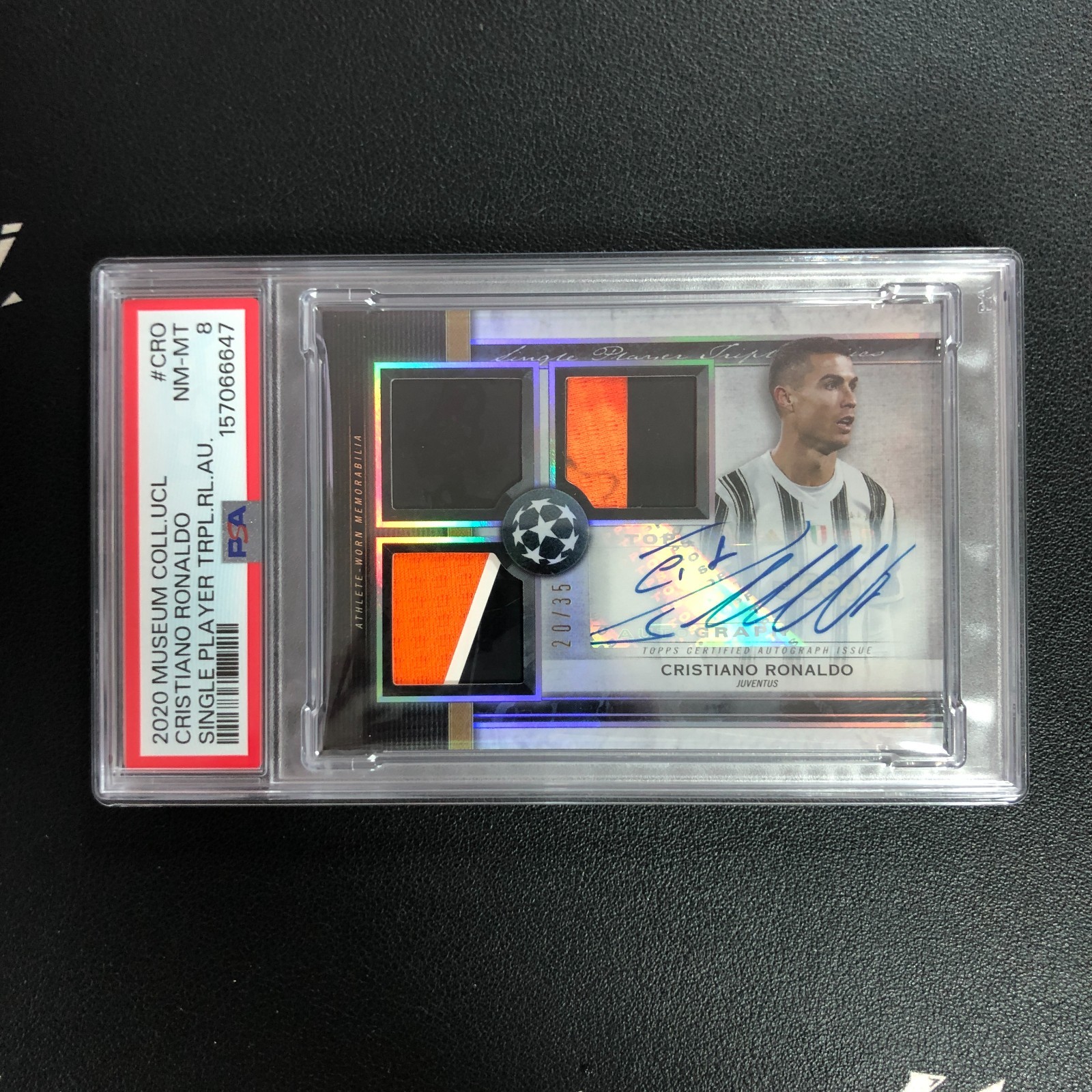 2020-21 Topps Museum Collection UEFA Triple Relic Auto Cristiano Ronaldo /35 PSA view 1