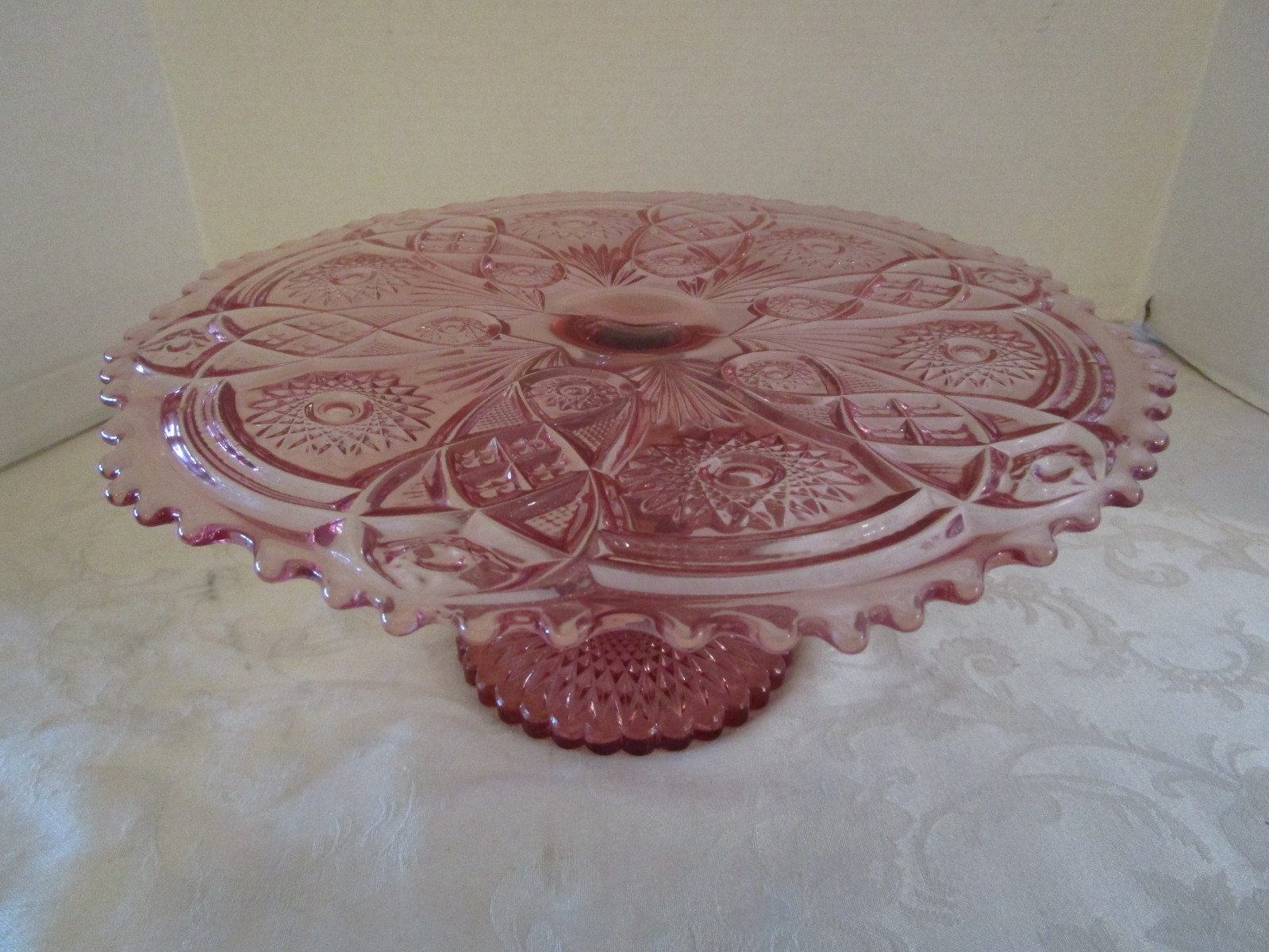 Vintage Imperial Pink Glass Pedestal Cake Stand Fashion Pattern 13" wide  1970's