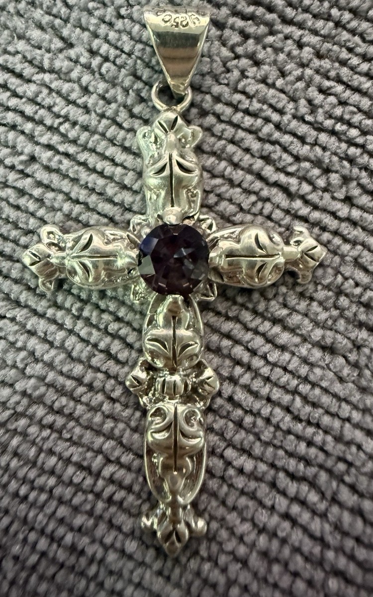 ⁠Taxco Sterling Silver Amethyst Cross Pendant 925 VRC Ornate Fleur De Lis 10.16g View 3