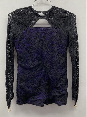 Revolution Dancewear Black Purple Floral Lace Biketard Dance Costume Sz XLC