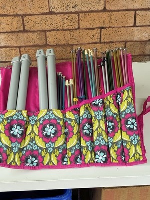 VTG Knitting Needle Set~ Coptions  Flowers Fabric Case ~ Metal, Plastic ~ 34 Pcs