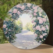 2D Flat, Vintage Floral Round Aluminum Sign - Rustic Farmhouse Wall Art with Pin