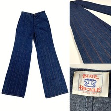 Vintage 1970s/70s High Waisted Blue Buckle Embroidered Wide Leg Bellbottom Jeans