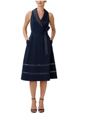 Adrianna Papell Womens Tuxedo Collar Belted Fit & Flare Dress, Blue, 8