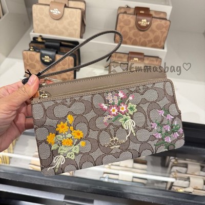 Coach Double Zip Wristlet In Signature Jacquard With Floral