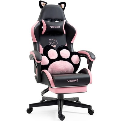 Cute Cat Gaming Chair with Paw Lumbar Cushion, PC Video Gamer Chair for Girl