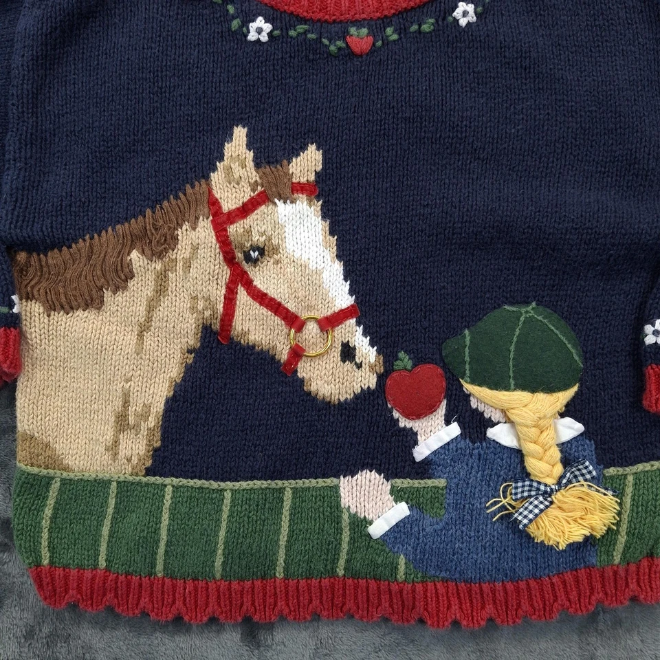 Hartstrings Sweater Girls 4T Navy Equestrian Intarsia Horse Pony Apple 3D Braid - Image 2 of 4