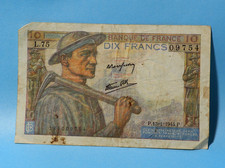 1944 L75 Bank of France 10 Francs Pictorial Miner Banknote #BN1