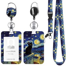Starry Night Cat Lanyard with ID Badge Holder and Retractable Badge Reel  A ...