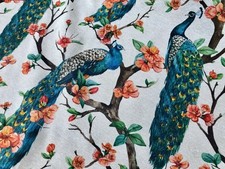Pfau Vogel Blumen Rosengarten Gardinenstoff 140 cm breit Pfirsich & Türkis
