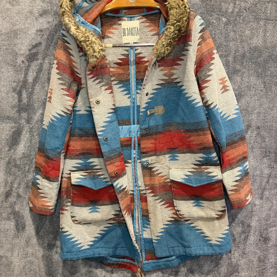 Abrigo BB Dakota para mujer mediano azul rojo azteca con capucha lona mezcla de lana Foto 3 de 4