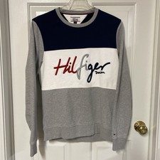 Vintage Tommy Hilfiger Denim Gray Striped Sweatshirt Logo Embroidered Mens M