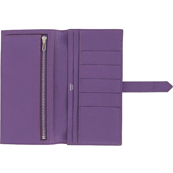 HERMES Bearn Soufflet Chevre Leather Long Wallet Parme Purple