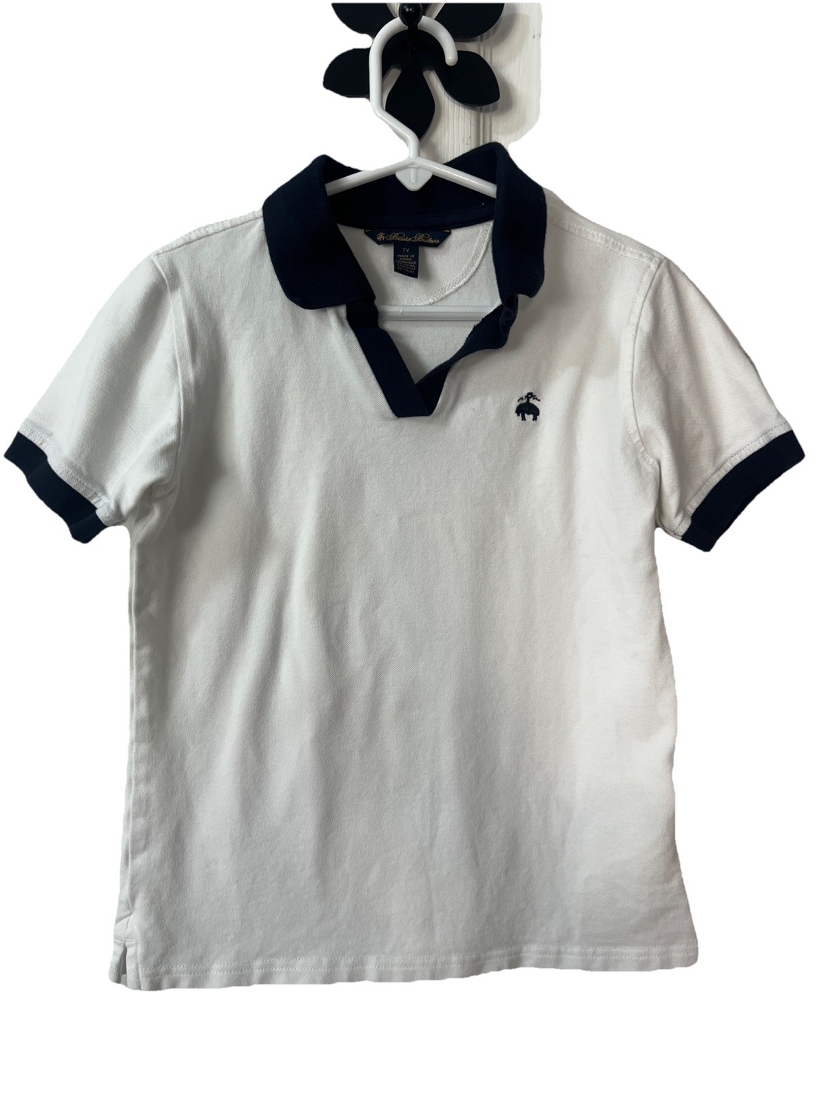 Brooks Brothers Boys' Cotton Blend Contrast Johnny Collar Pique Polo Shirt Sz 7Y