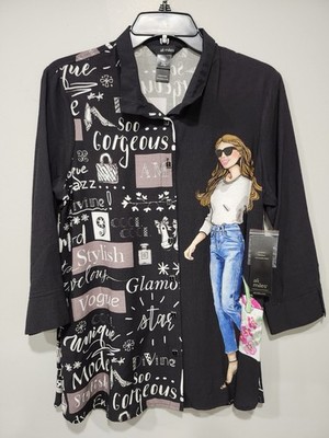 Ali Miles NWT Women s PM Black White Tunic Blouse Button Up Long Sleeve  Artsy