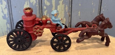 2 Vtg Painted Cast Iron Toy Horse Drawn Fire Wagon