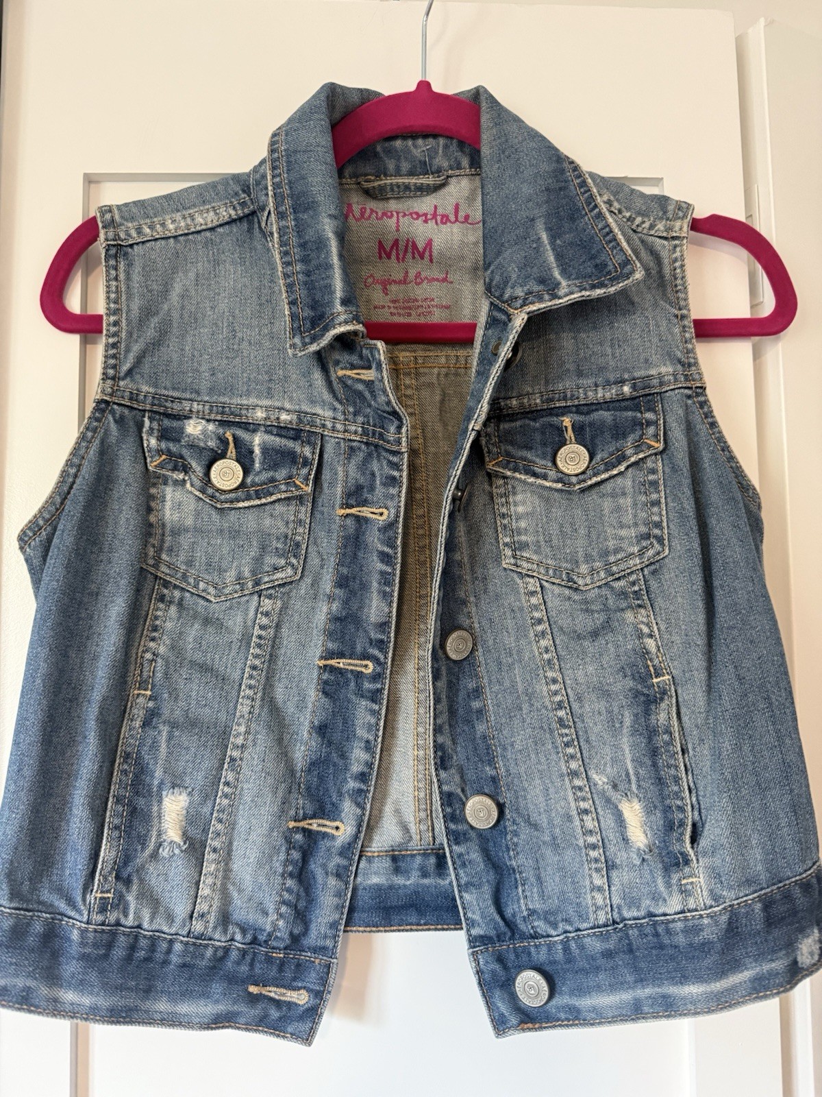 Aeropostale Denim Vest Womens M Distressed Jean Button Front Sleeveless Jacket