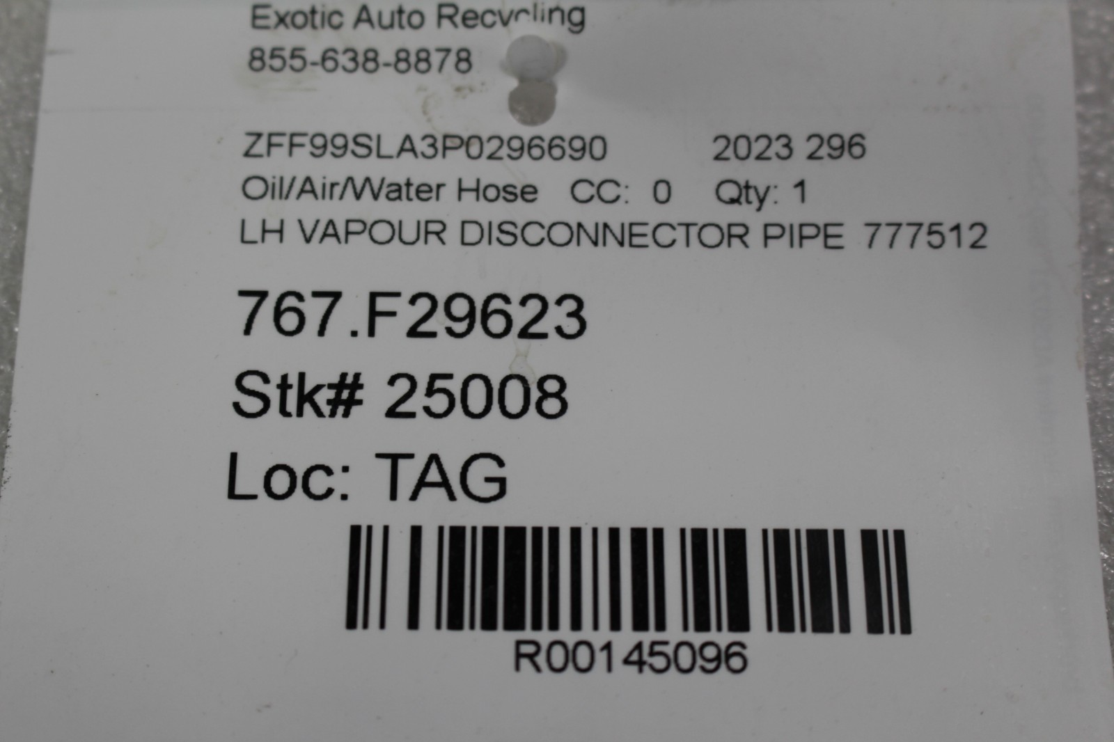 Ferrari 296 GTB, LH, Left, Fuel Vapour Hose, Used, P/N 777512