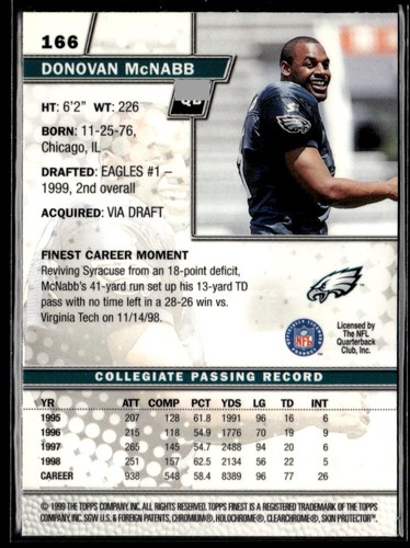 1999 Finest #166 Donovan McNabb - Picture 2 of 2