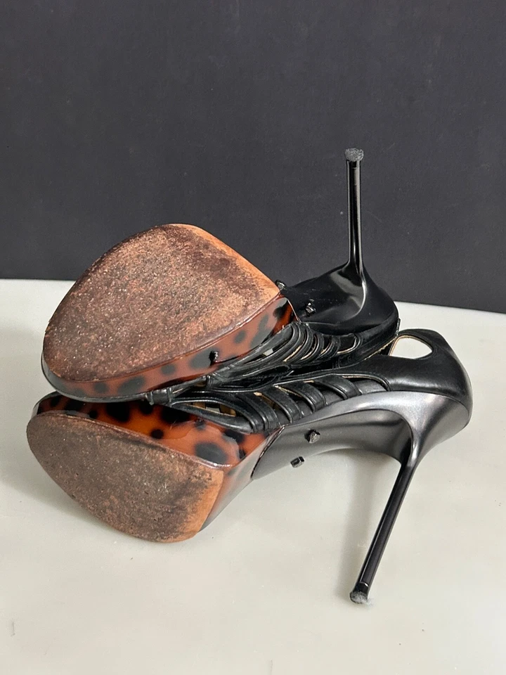 Sandalia plataforma Lanvin 37 o 6 EE. UU. carey cuero negro punta abierta tacón Foto 4 de 4