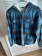 Boston Traders Hoodie Flannel Jacket Size M Blue Black Plaid Button up