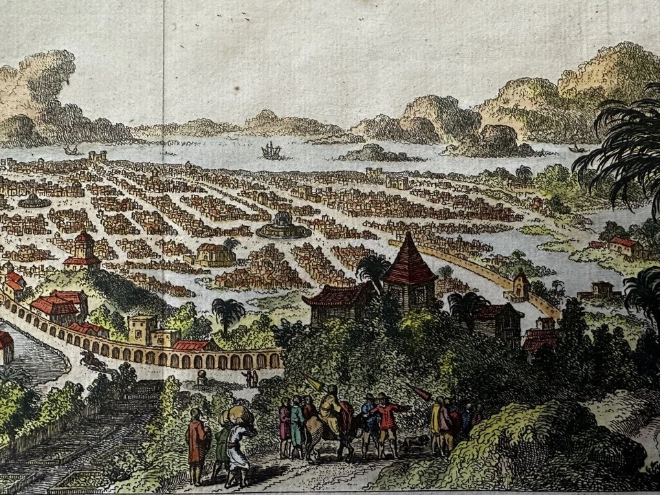 Мехико 1754 ранний вид с высоты птичьего полета гравировка прекрасный ручной цвет редкая печать - Изображение 3 из 4